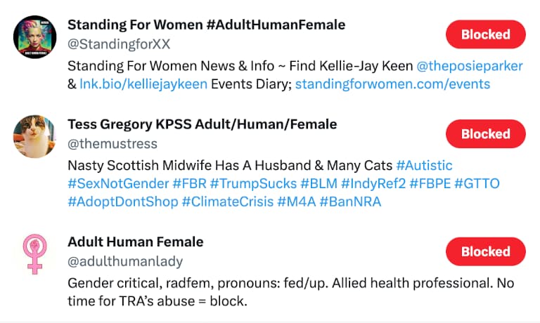 A screenshot of a Twitter seach for “Adult human female” showing multiple TERF profiles