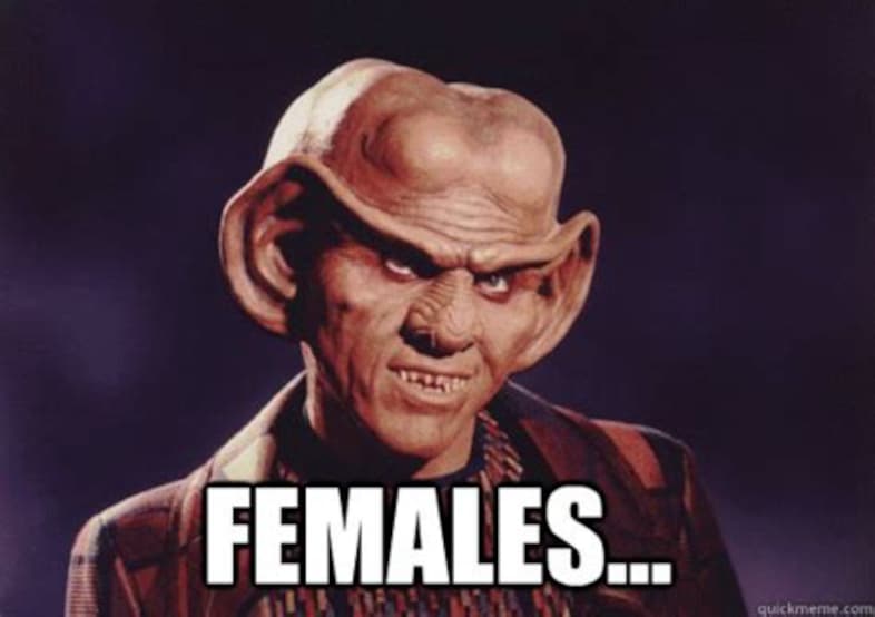 A meme of Quark from Deep Space 9 (from an alien race called Ferengi) saying “Females”