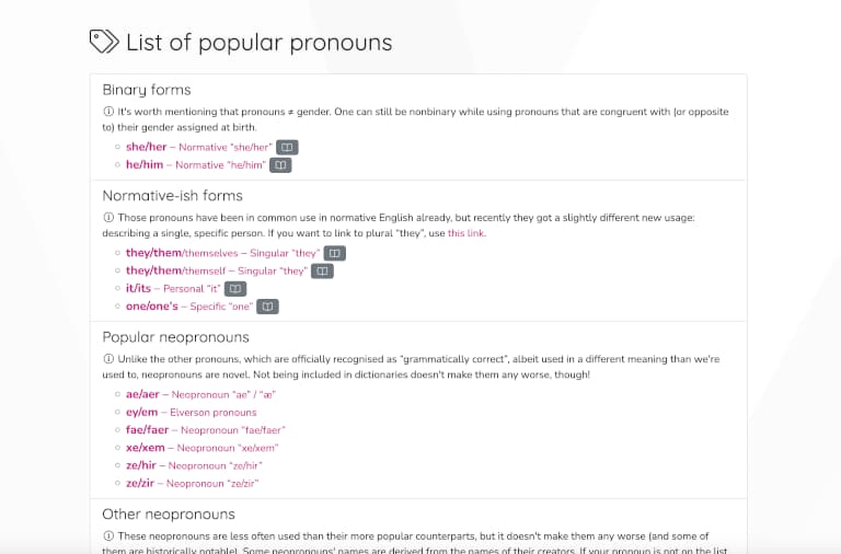 Screenshot of a list of popular pronoun sets from the website Pronouns.page