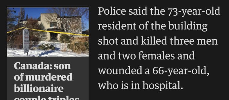 A screenshot of a news article that says: Police said the 73-year-old resident of the building shot and killed three men and two females and wounded a 66-year-old, who is in hospital.